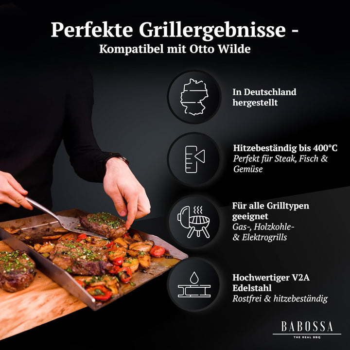 BABOSSA Grill Plancha aus V2A Edelstahl – Erstklassige Verarbeitung & perfekte Hitzeverteilung – kom