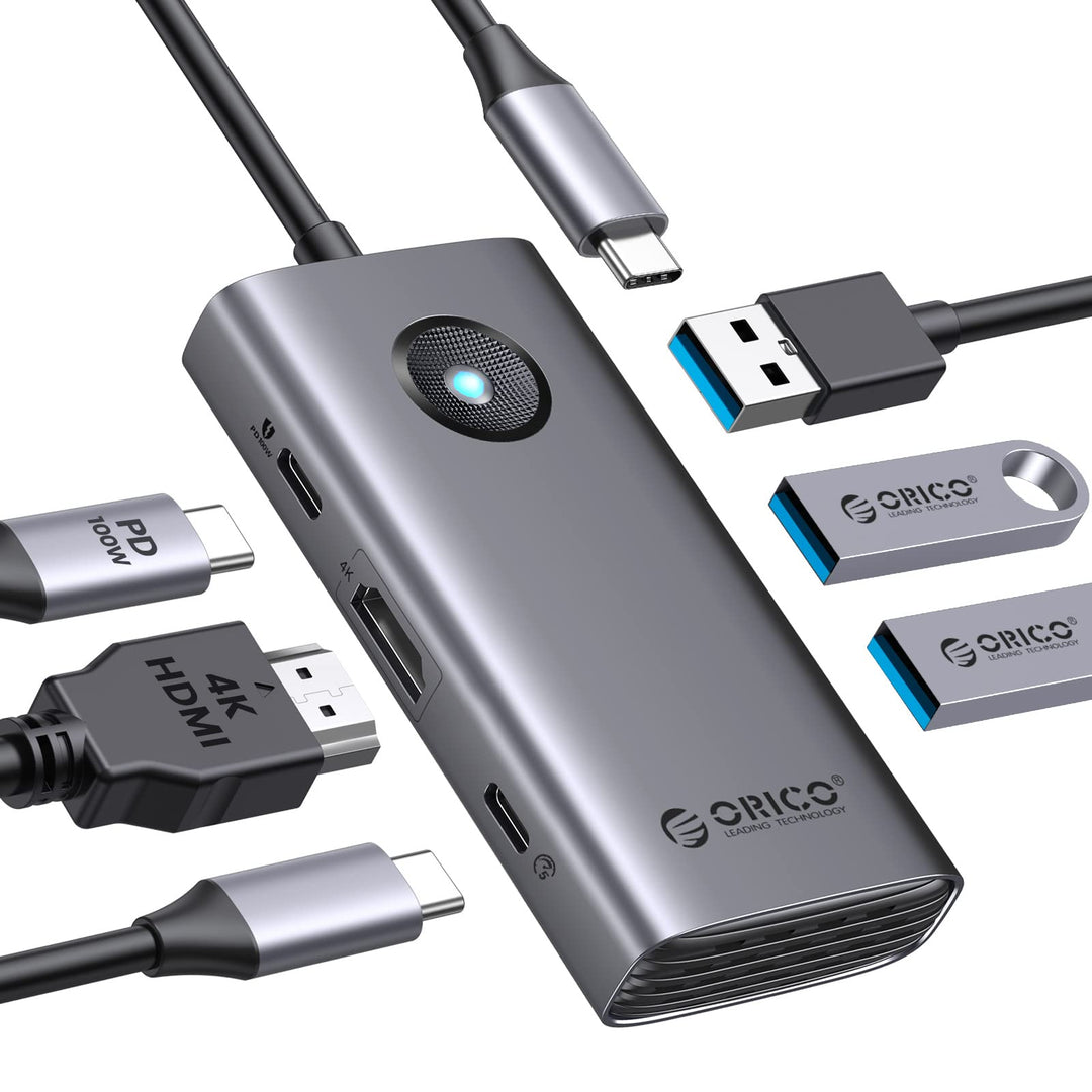 ORICO Docking Station, 6 in 1 USB C Hub Dock mit HDMI 4K+PD100W+4×USB3.0, USB 3.0 Hub Multiport Adap