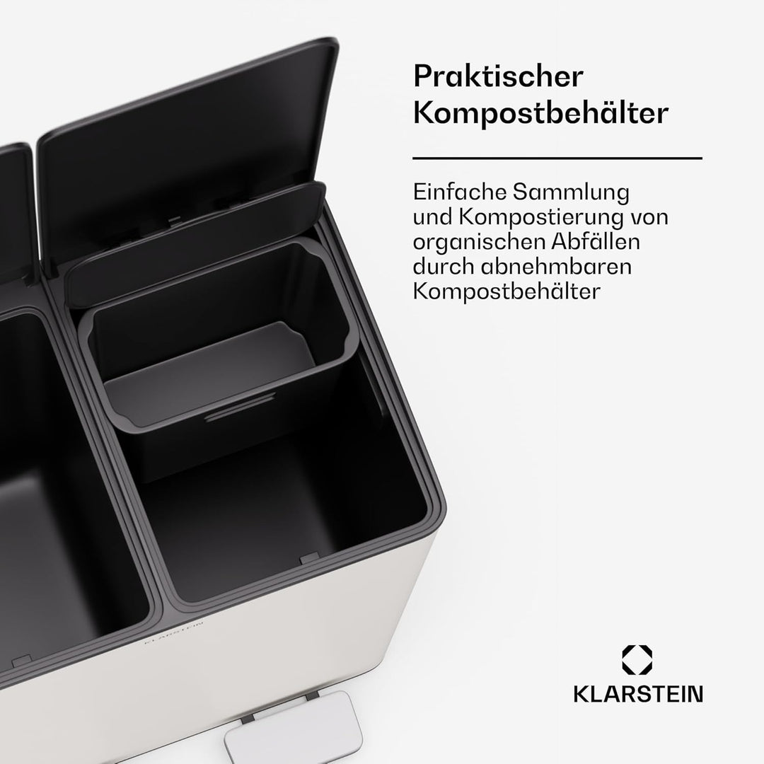 Klarstein EcoVista Mülleimer - 40L Abfalleimer mit 2 Fächern & 3L Komposteimer, Soft-Close, Edelstah