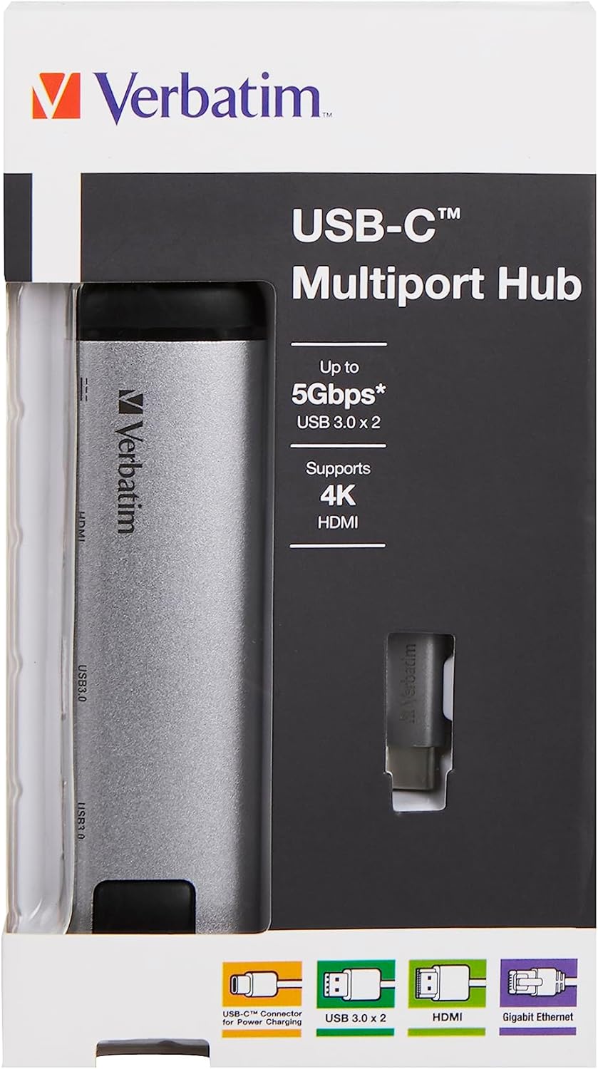 Verbatim USB-C Multiport-Adapter, USB-C-Hub mit USB-3.0, HDMI-4K, Gigabit Ethernet & USB-C Schnellad