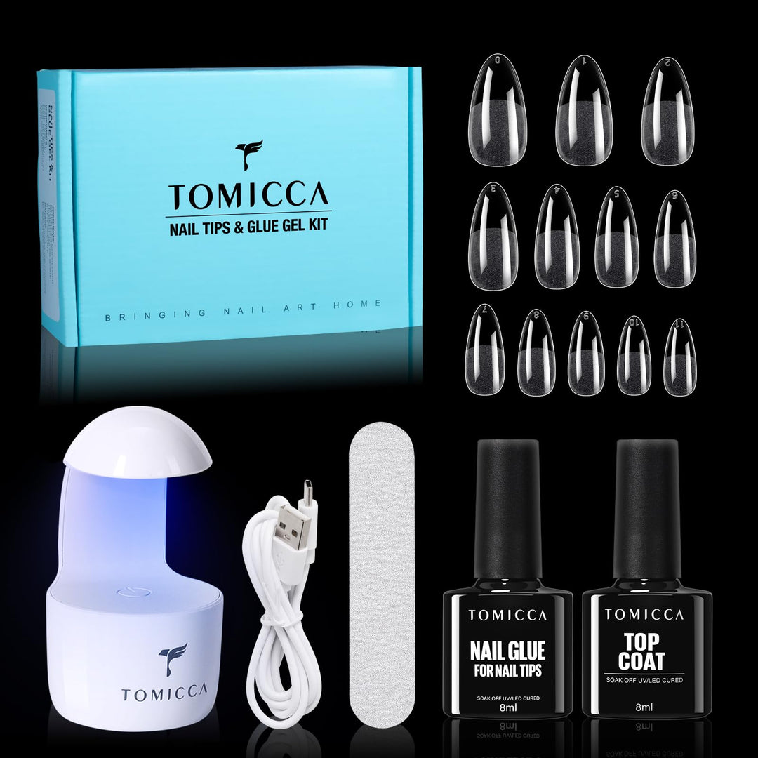 TOMICCA Nail Tips and Glue Gel Kit, Nail Extension Set Top Coat und 6 in 1 nagelkleber für kunstnäge