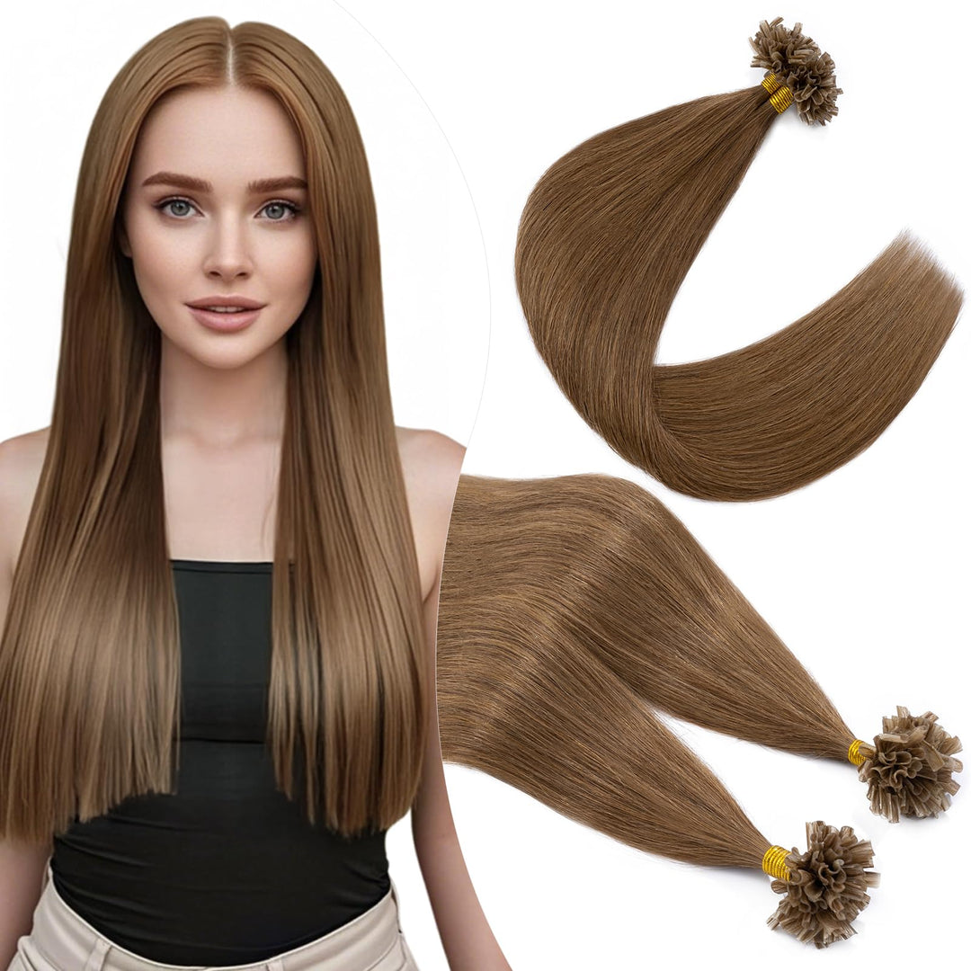 Elailite Bondings Extensions Echthaar #6 Hellbraun, 50g 40cm U Tip Hair Extensions Keratin 100 Sträh
