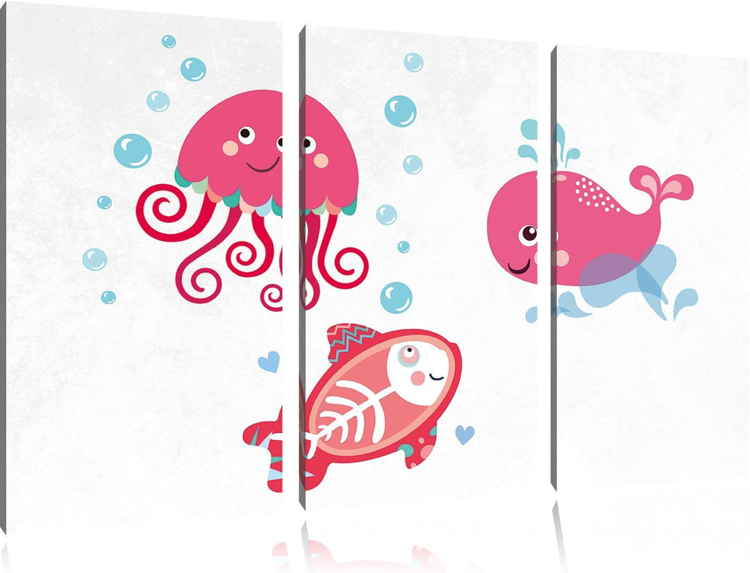 Pixxprint und verspielte Unterwasser Tiere als Leinwandbild/Grösse: 3 Teilig (120x80) cm/Wandbild/Ku