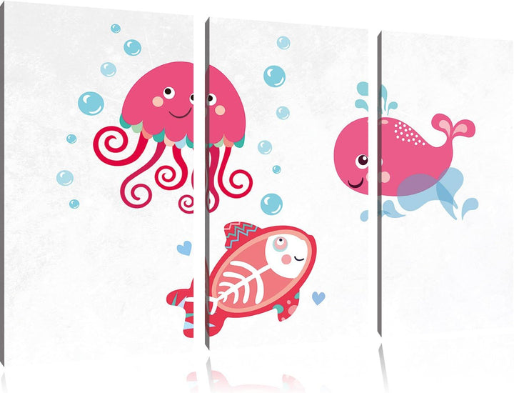 Pixxprint und verspielte Unterwasser Tiere als Leinwandbild/Grösse: 3 Teilig (120x80) cm/Wandbild/Ku