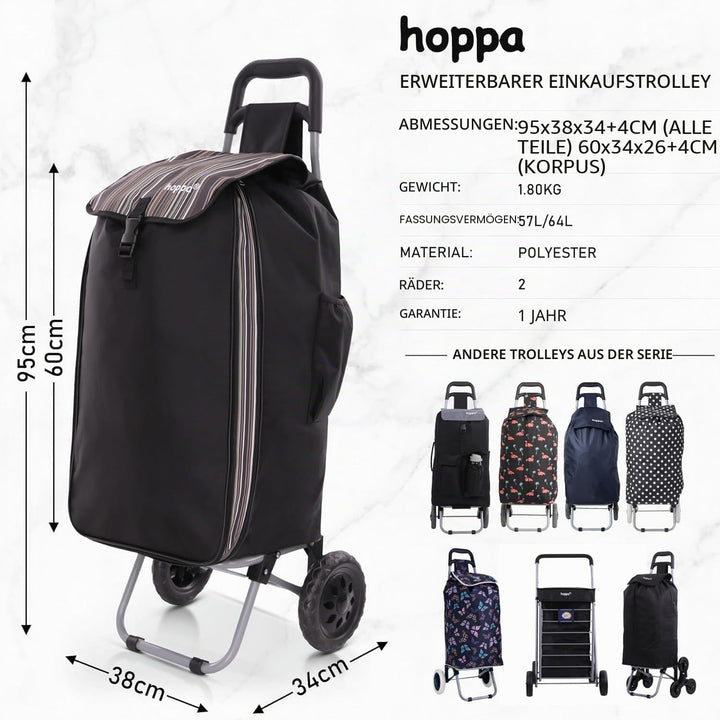 Hoppa Ausziehbarer leichter Einkaufstrolley, 57 l/64 l, Modell 2024, strapazierfähig und zusammenkla