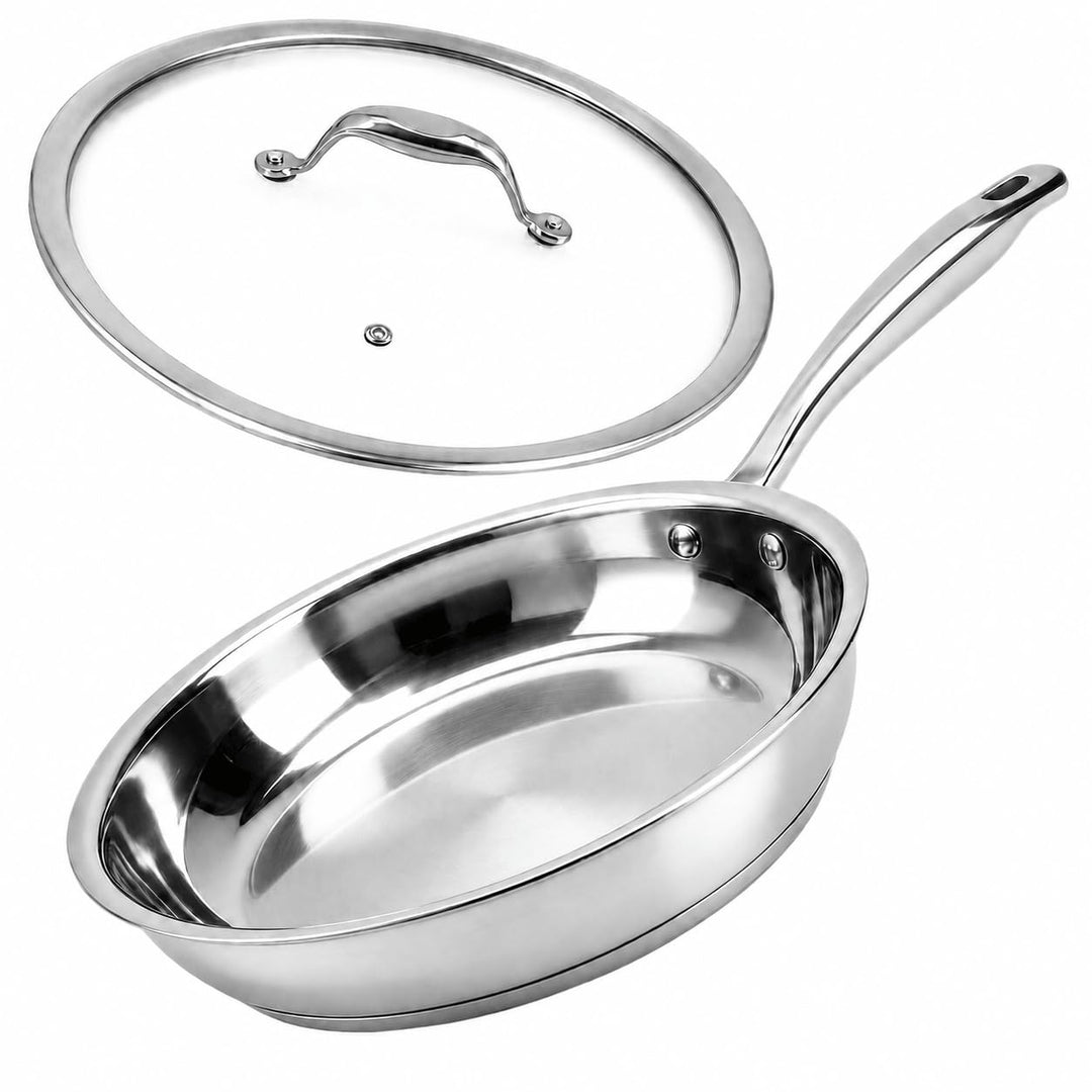 DELARLO Edelstahlpfanne Unbeschichtet 28 cm mit Deckel | 7 mm 3‑lagiger Boden, Induktionsgeeignet, B