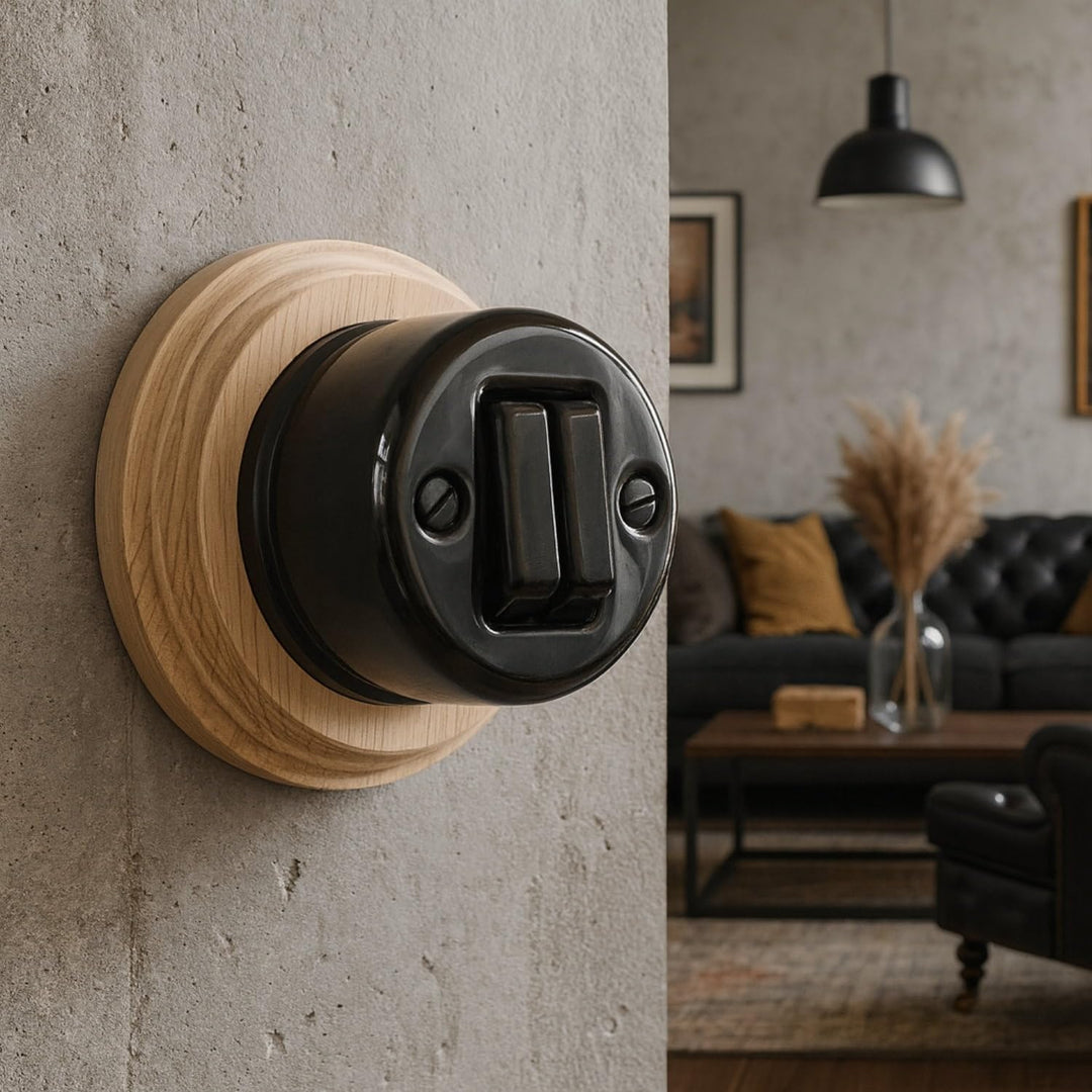 Aufputz Porzellan Retro Doppelschalter, Serienwechselschalter, All-in-One, Serie QR1 schwarz