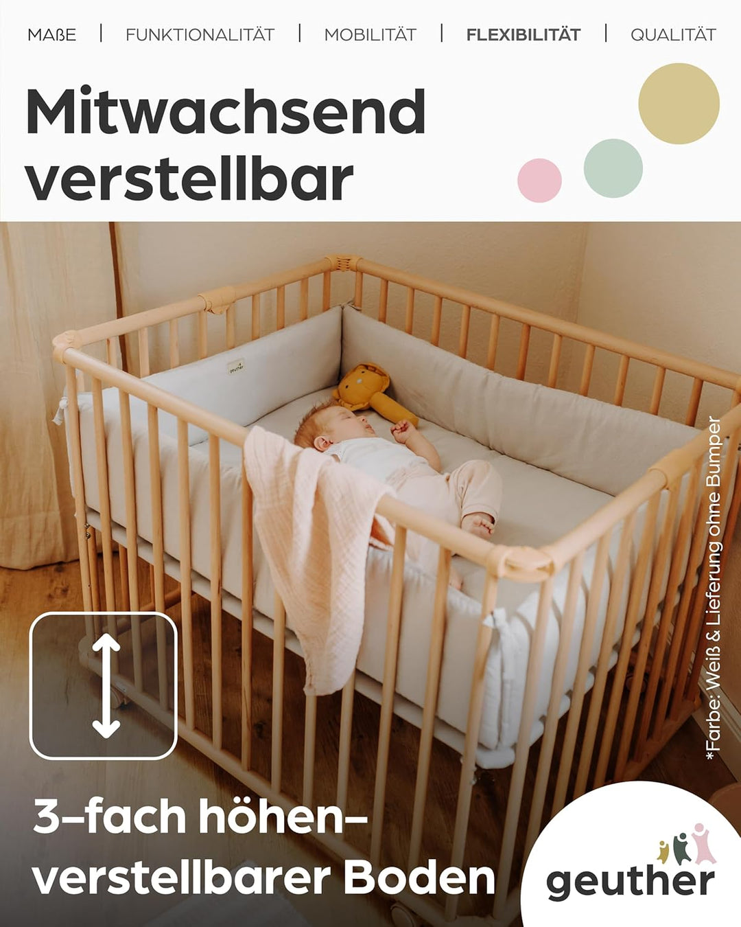 Geuther Laufgitter Lucilee 76x97 cm I höhenverstellbar I werkzeuglos montiert I gepolsteter Baby-Lau