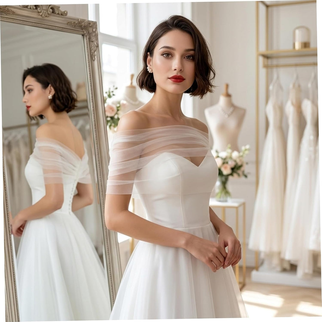 Brautstola, eleganter, schulterfreier, transparenter Schal mit abnehmbaren Ärmeln, Tüll-Hochzeitsübe