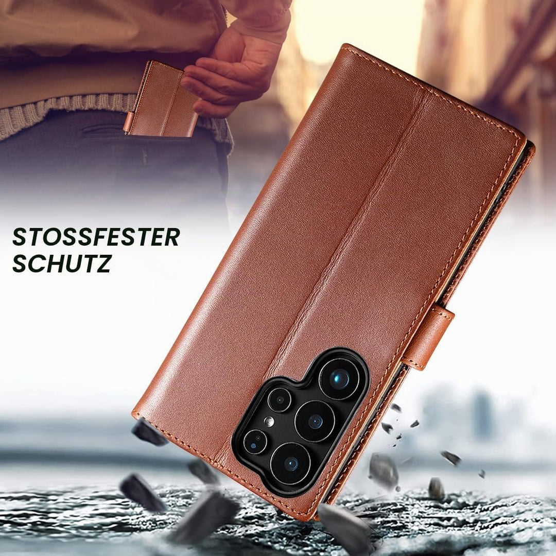 LENSUN Lederhülle für Samsung Galaxy S25 Ultra, Handyhülle [Echtes Leder] [RFID Schutz] Echtleder Hü