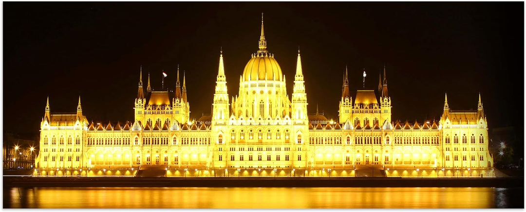 wandmotiv24 Leinwandbild Budapest bei Nacht 100x40cm (BxH) Bilder auf Leinwand, Dekoration Wohnung m