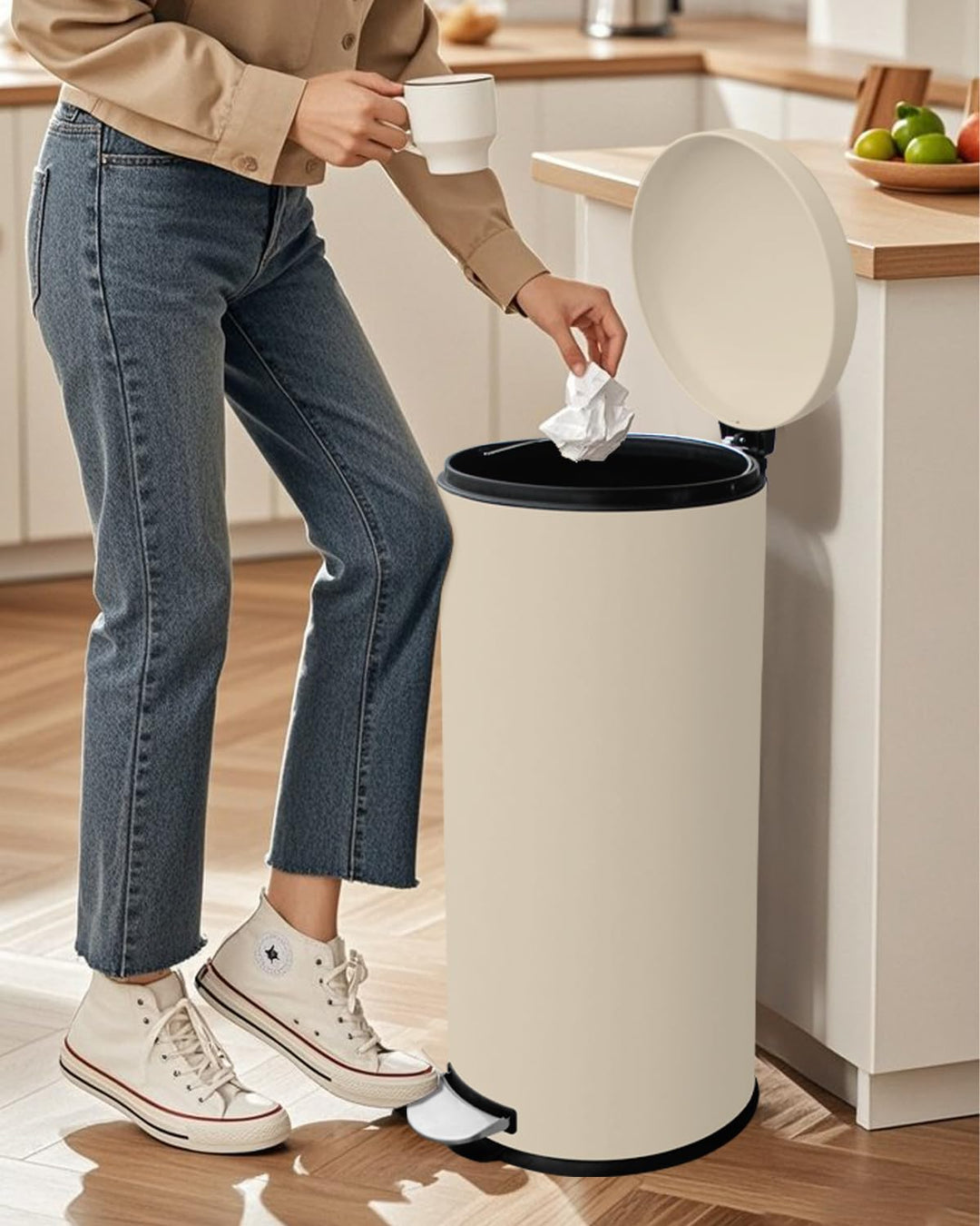 Mülleimer 30 L Treteimer mit Soft Close Deckel, Abfalleimer 30 Liter mit Fusspedal, Rund Mülleimer m