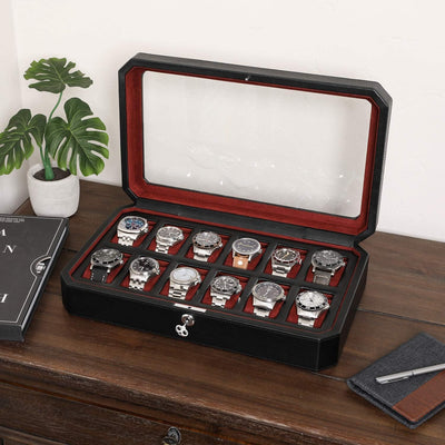ROTHWELL 12 Slot Leder Uhrenbox - Luxus Uhrengehäuse Display Organizer, Herren Aufbewahrungsboxen Ha