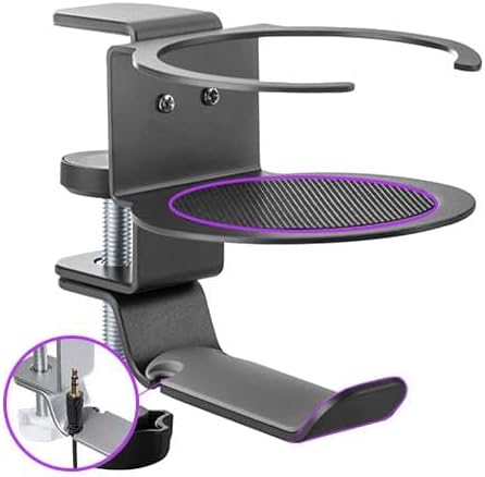Spacetronik 2-in-1 Headset Halterung & Getränkehalter Tisch – Schwenkbarer Kopfhörer Halter mit Kabe
