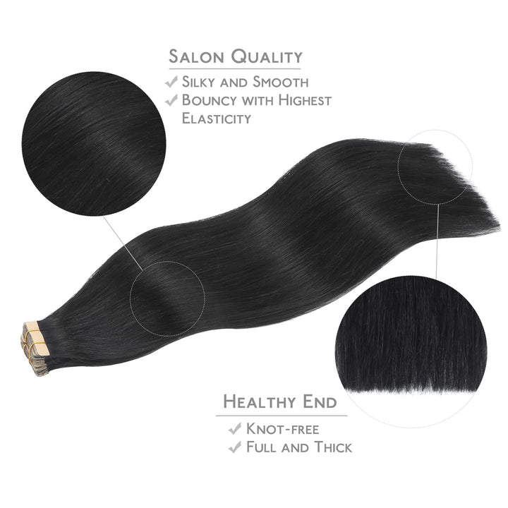 WENNALIFE Tape Extensions Echthaar, 20pcs 40g 30cm 12 Zoll Tief Schwarz Remy Invisible Tape Extensio