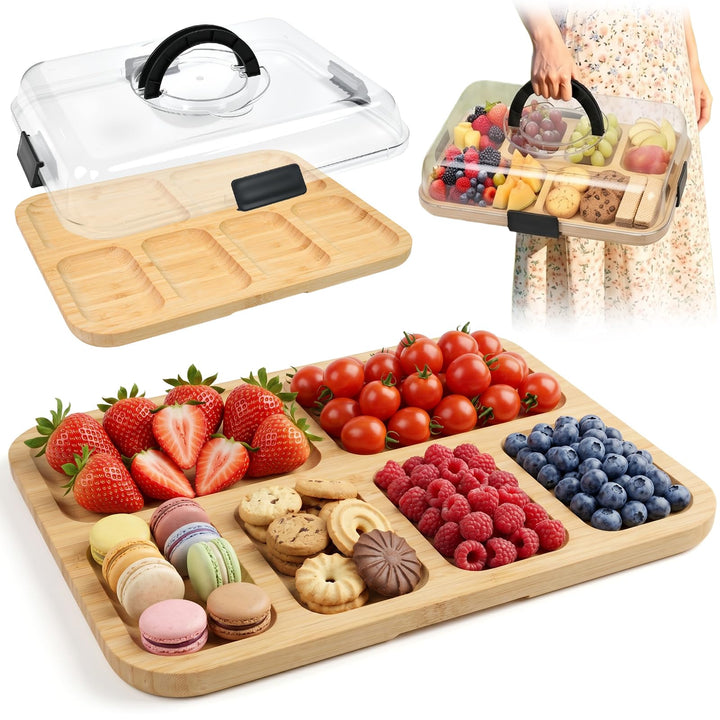 Charcuterie Board mit Deckel 36.7cm Servierbrett mit Griff Bambus Käsebrett mit Deckel Serviertablet