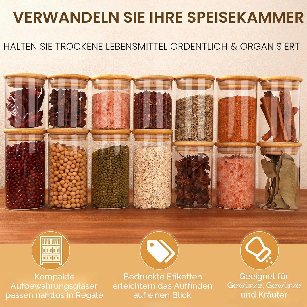 Cinnani 300ml Gewürzgläser Rund Set luftdicht mit Holzdeckel, 12 Stück Gewürzdosen Glas Gewürzbehält