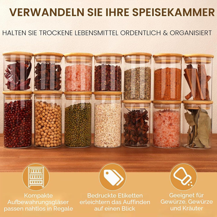 Cinnani 300ml Gewürzgläser Rund Set luftdicht mit Holzdeckel, 12 Stück Gewürzdosen Glas Gewürzbehält