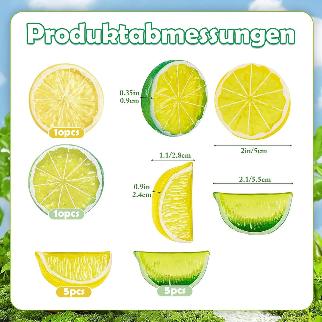 30 Stück Zitronen Deko Set, Deko Zitrone mit Gelben und Grünen Scheiben und Würfeln, Zitronedeko für