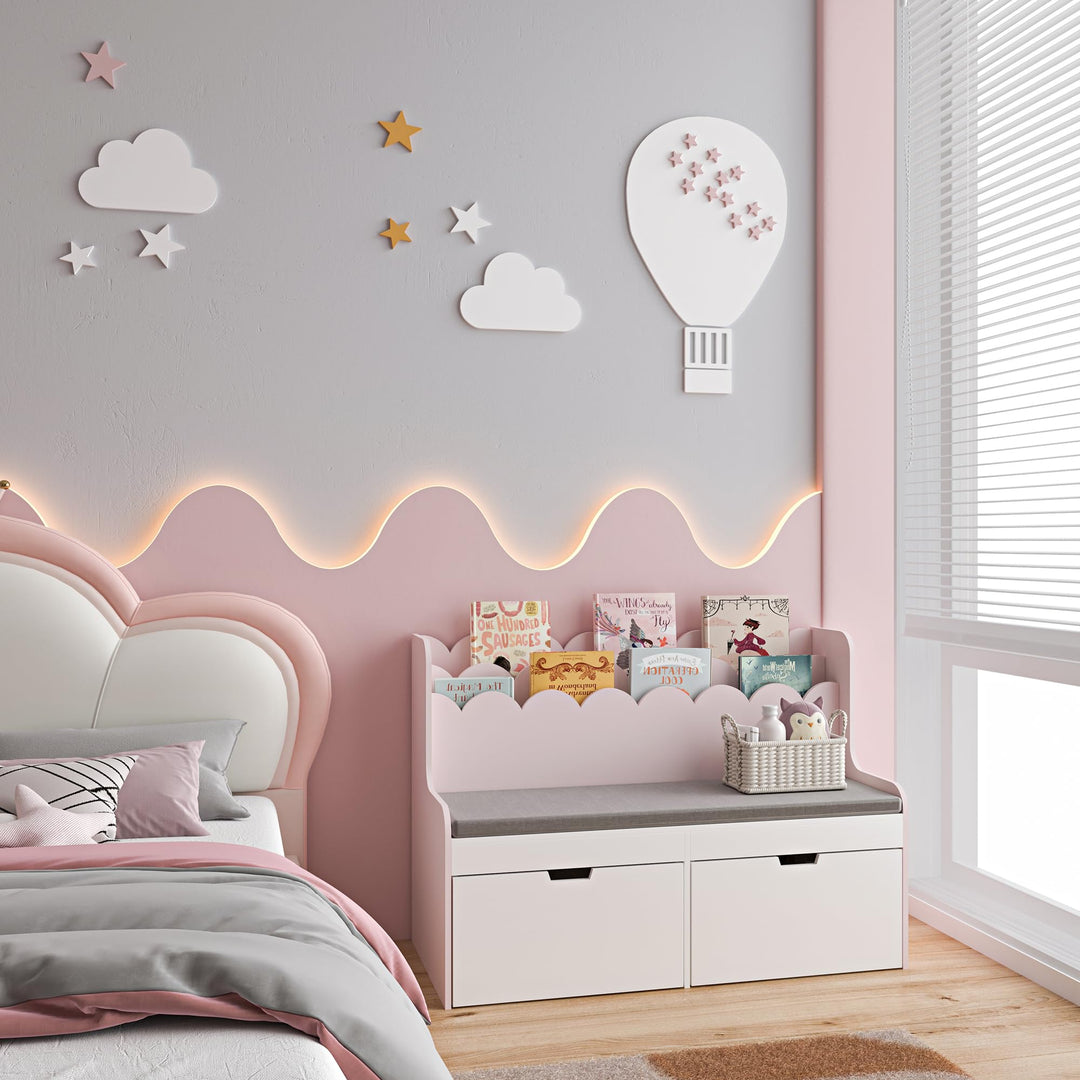 [en.casa] Kinder Sitzbank mit Bücherregal Vestnes Kinderbank mit 2 Schubladen Kinderregal mit 2 Fäch