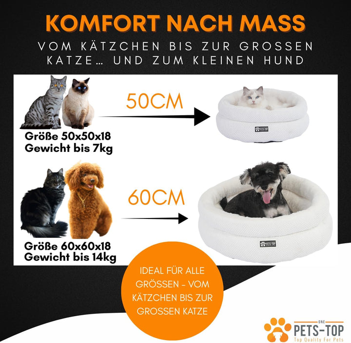 One PETS-TOP Katzenbett Rund Flauschig – Weiches Katzenkissen – Schlafplatz für Katze & Kleiner Hund