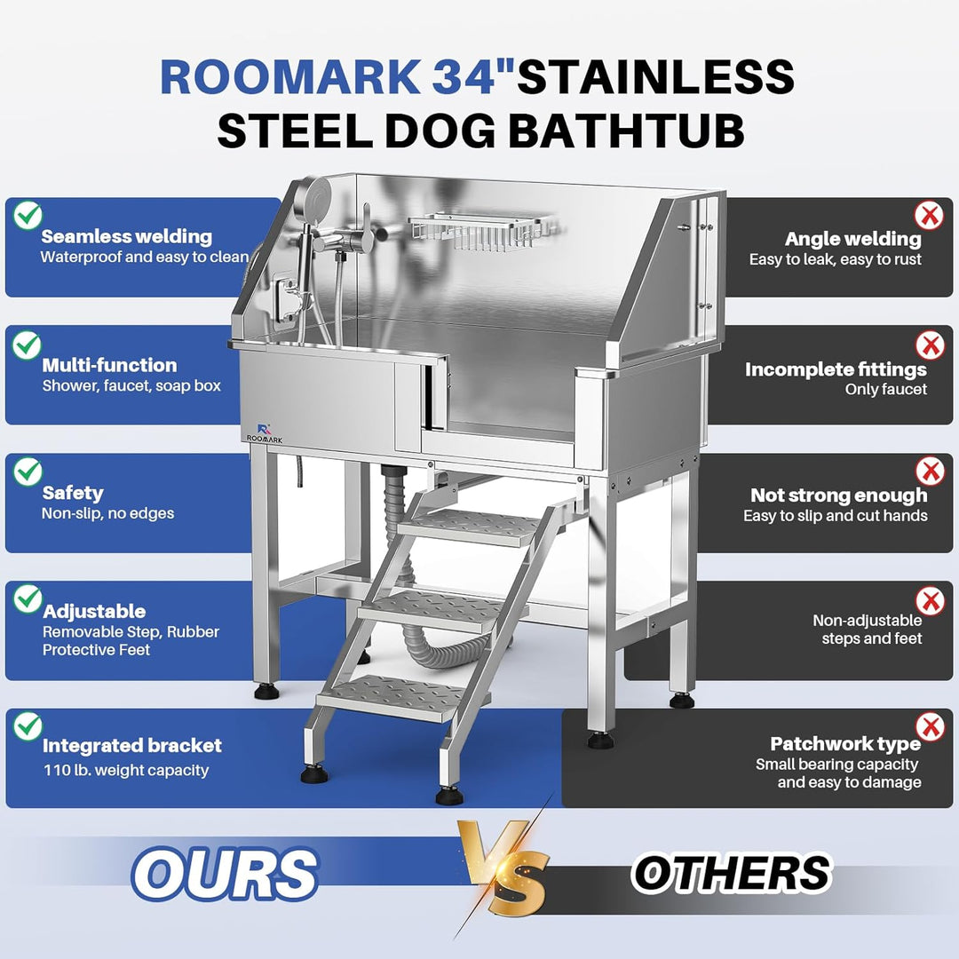 Roomark 86 cm Professionelle Hundebadewanne mit Treppe, Edelstahl Hundepool mit Duschkopf & Schiebet