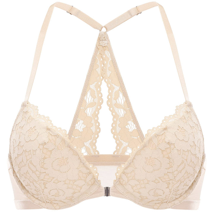 DOBREVA Damen Vorderverschluss BH mit Bügel Push Up Spitzen Neckholder BHS Racerback Tiefer Ausschni