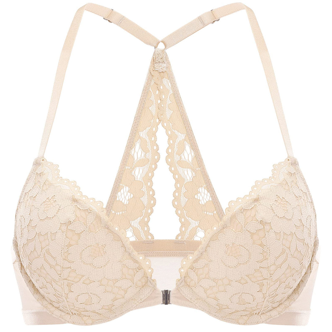 DOBREVA Damen Vorderverschluss BH mit Bügel Push Up Spitzen Neckholder BHS Racerback Tiefer Ausschni