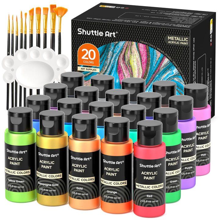 Shuttle Art Metallic Acrylfarben Set, 20 bunte Metallic Acryl Farben in Flaschen (60 ml), 3 Pinselse