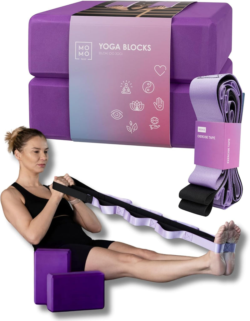 MOMO WAY Yoga Block mit Joga Gurt 210cm Blöcke Eva Schaum Fitness Zubehör für Pilates Dehnungen Rück