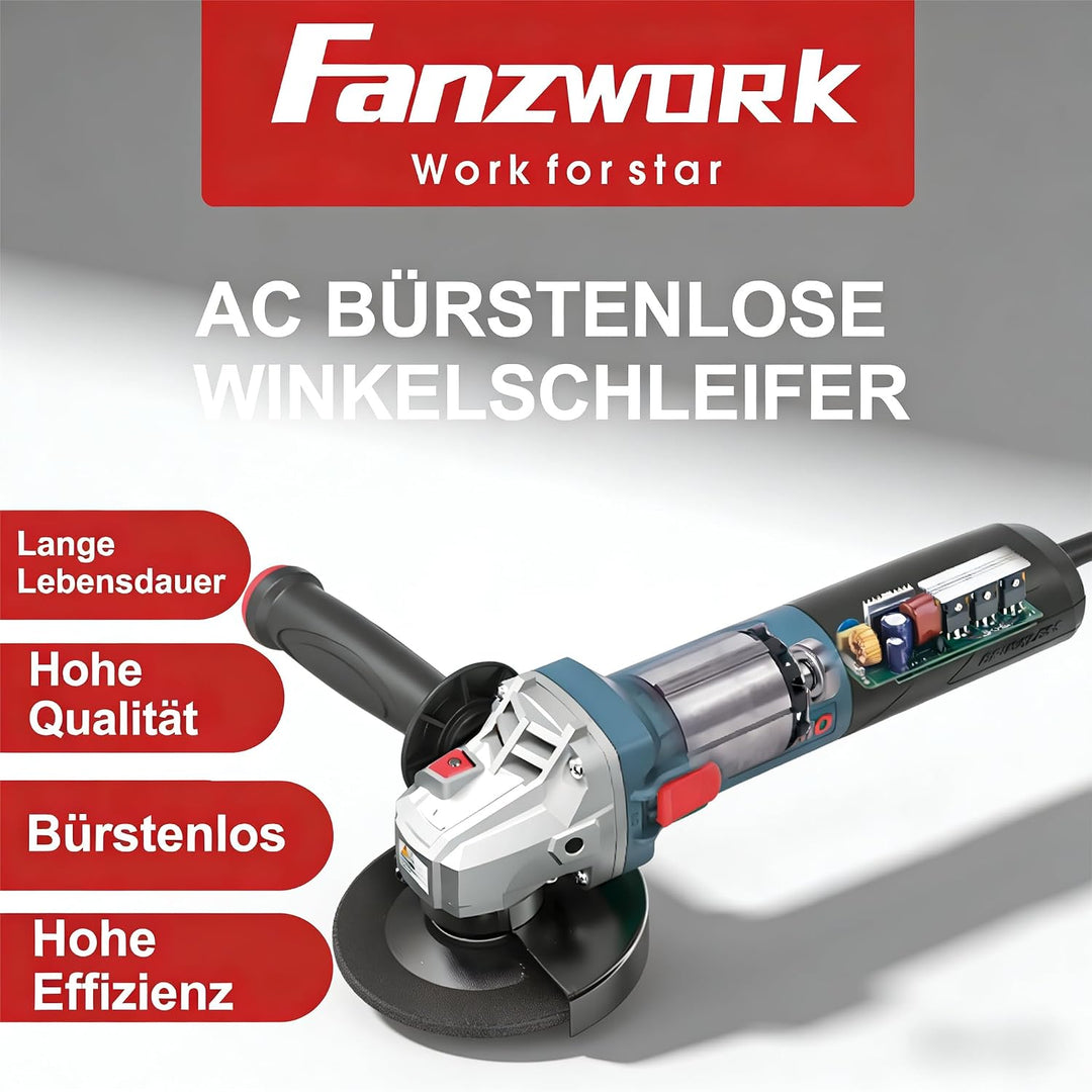 FANZWORK 125mm Winkelschleifer 1900W(Max) Bürstenloser EC Motor | 2 kg Leicht, Schutzhaube 125mm *1,