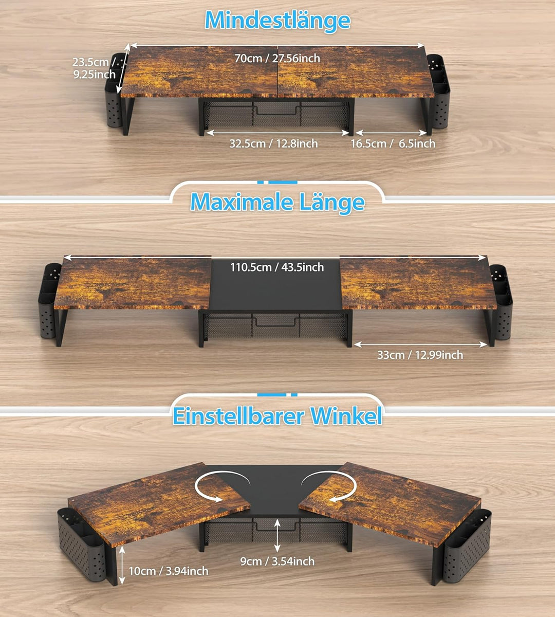 MOWETOO Dual Monitorständer Holz,Monitor Stand mit Schublade &amp; 2 Stifthaltern, Längenverstellbar &amp; D