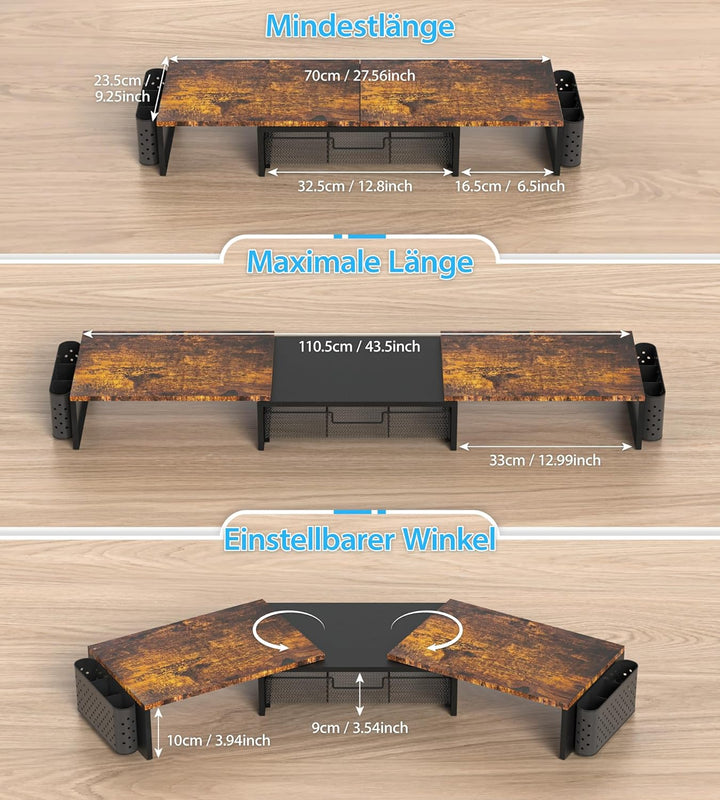 MOWETOO Dual Monitorständer Holz,Monitor Stand mit Schublade &amp; 2 Stifthaltern, Längenverstellbar &amp; D