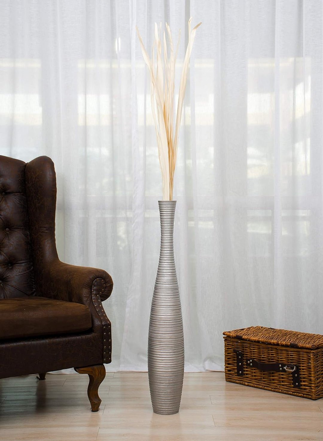 Leewadee Grosse Bodenvase für Dekozweige hohe Standvase Design Holzvase, Holz, 90 cm, Silber 90 cm S
