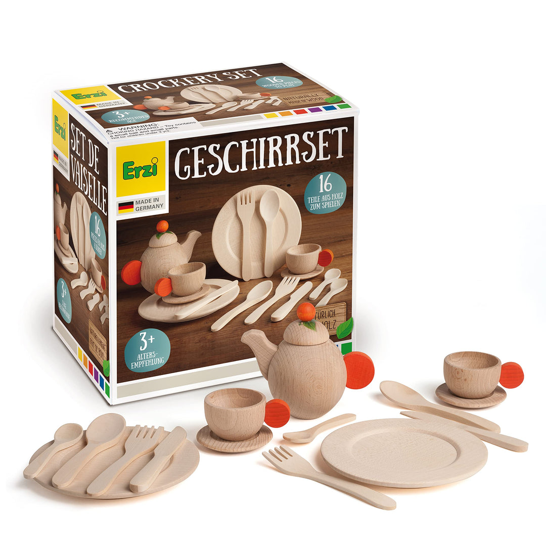 Erzi 10678 Geschirrset Natur aus Holz, Kinderküche, Kaufladenartikel für Kinder, Rollenspiele