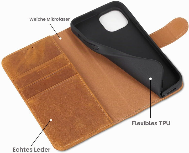LENSUN Echtleder Hülle für iPhone 14, Handyhülle [Echtes Leder][Magnetverschluss][RFID Schutz] Handy
