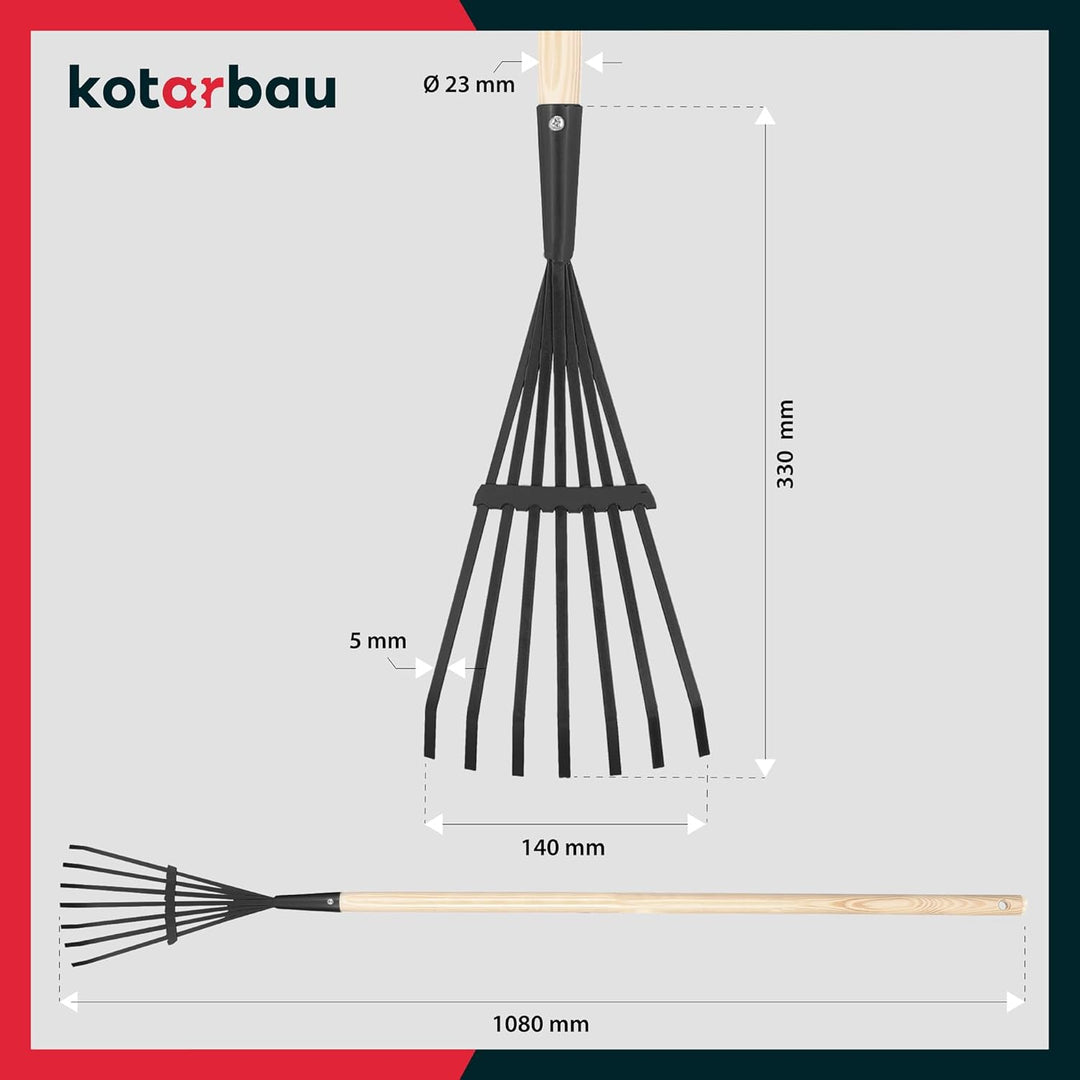 KOTARBAU® Laubrechen mit Stiel - 14 cm - Fächerbesen - Metall Rechen für Gras &amp; Laub - Garten Besen