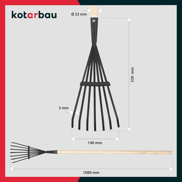 KOTARBAU® Laubrechen mit Stiel - 14 cm - Fächerbesen - Metall Rechen für Gras &amp; Laub - Garten Besen