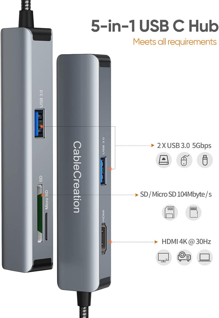 USB C Hub HDMI, USB-C Hub, CableCreation USB Hub, 2 USB 3.0, 1 HDMI 4K Adapter, SD/Micro SD-Kartenle