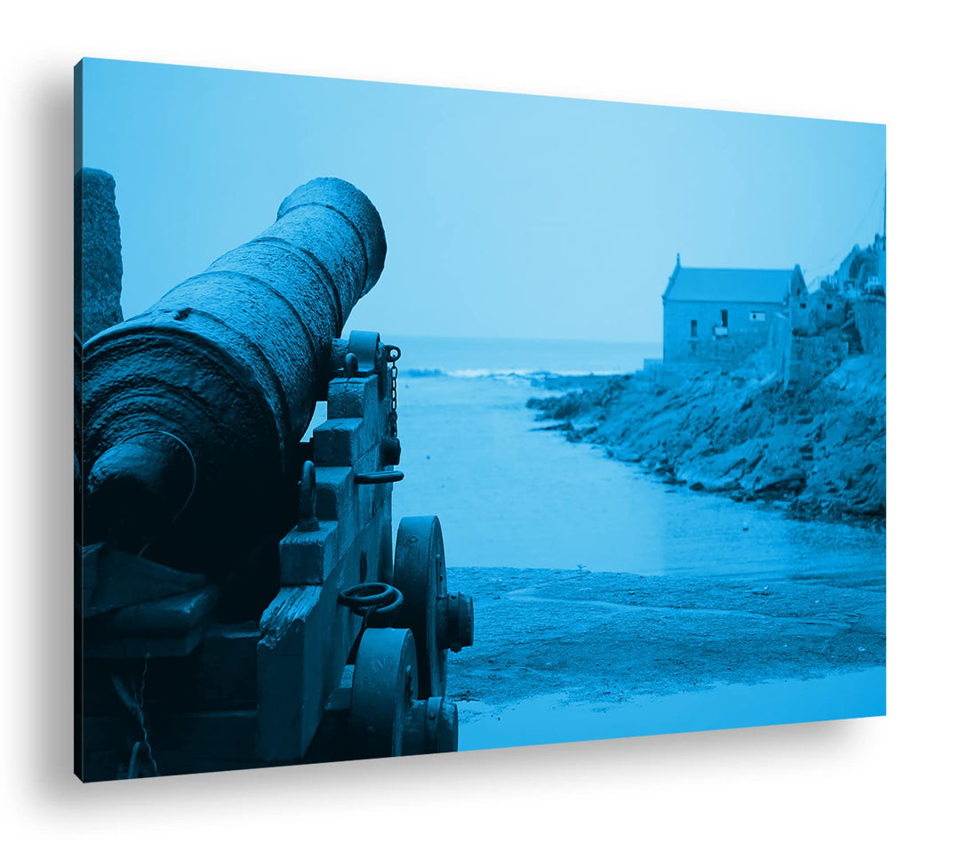 deyoli alte Kanone am Küstenufer Format 80x60 Effekt: Monocrome Blau als Leinwandbild, Motiv fertig