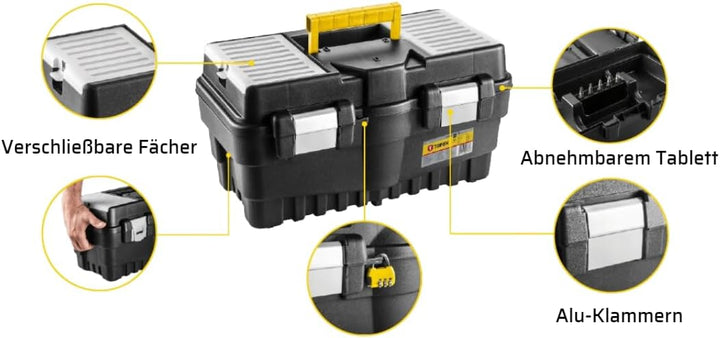 TOPEX Profi Werkzeugkasten 19" (46.2 x 25.6 x 24.2 cm) Organizer, Verschliessbare Fächer, Alu-Klamme