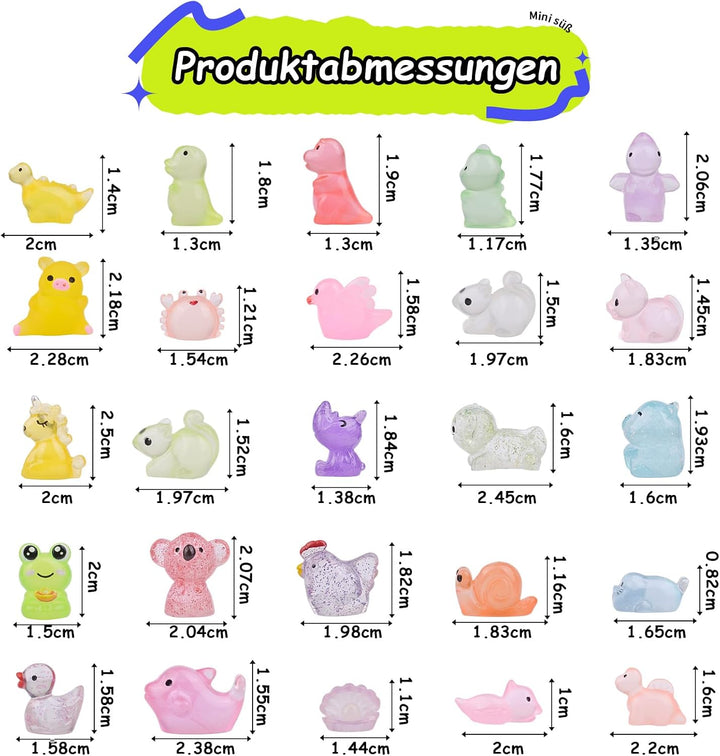 100 Stück Mini Harz Tiere, Miniatur Figuren Leuchtende Bunte Kleine Tierfiguren Kaninchen Enten Hai