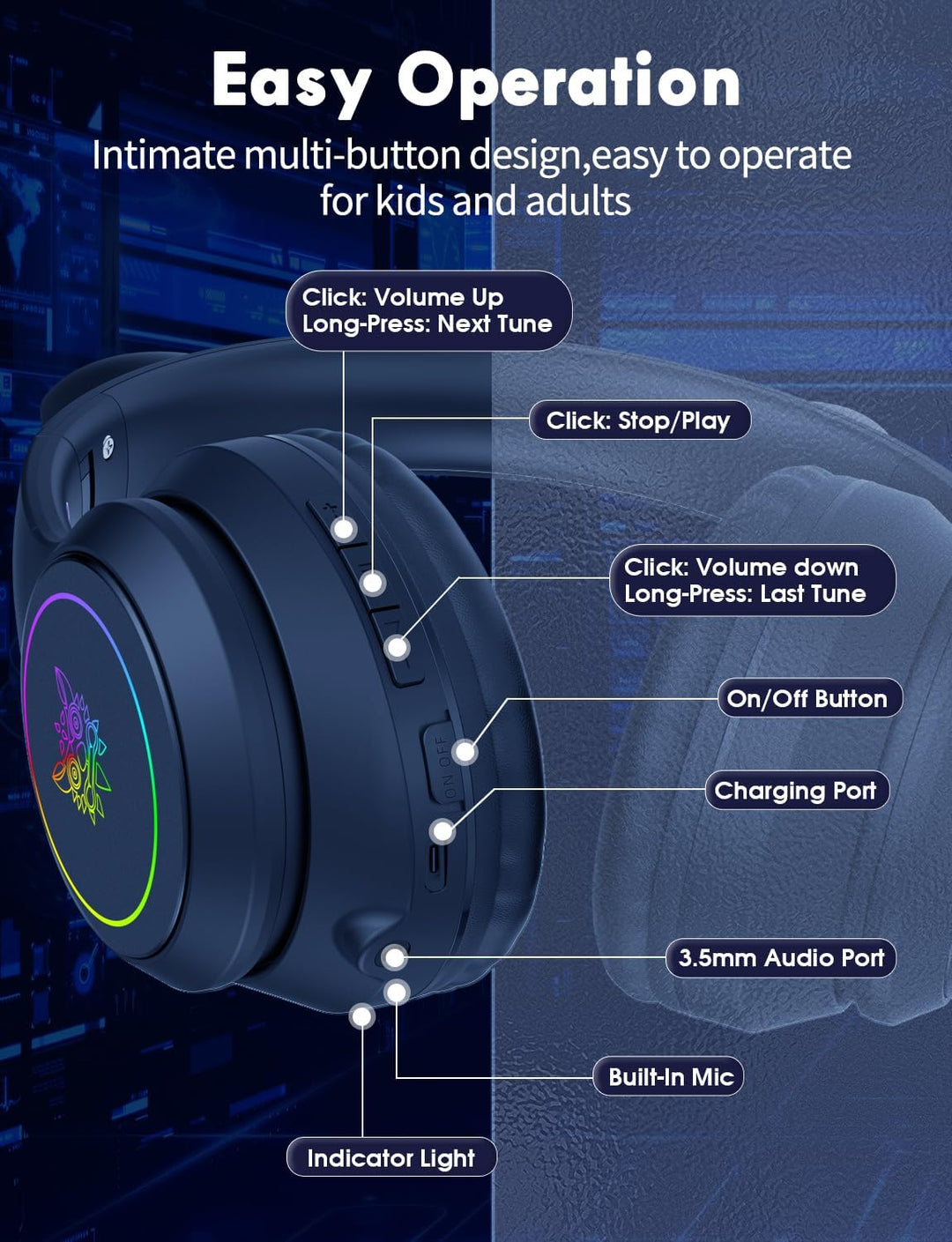 Bluetooth-Kopfhörer mit LED-Katzenohren – Kabelloses Over-Ear Headset mit Mikrofon, Hi-Fi Stereo-Sou