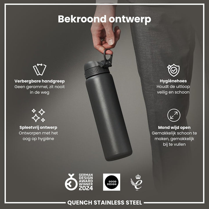 Ion8 1 Liter Edelstahl Trinkflasche, Auslaufsicher, Einhandöffnung, Sichere Verriegelung, Spülmaschi