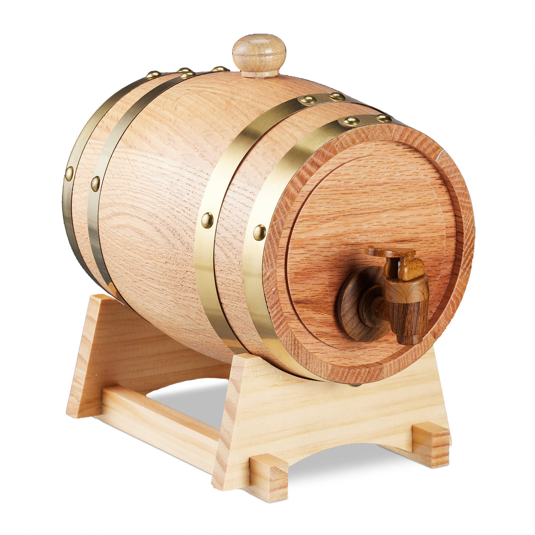 Relaxdays Schnapsfass, 1,25 l, Eichenholz, Holzfass mit Bock & Zapfhahn, Whisky, Wein, Spirituosen,