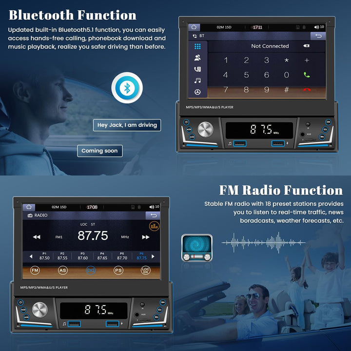 Hikity AM FM Autoradio 1 Din Wireless Carplay Android Auto, Touch Screen 7 Zoll Ausfahrbarem Display