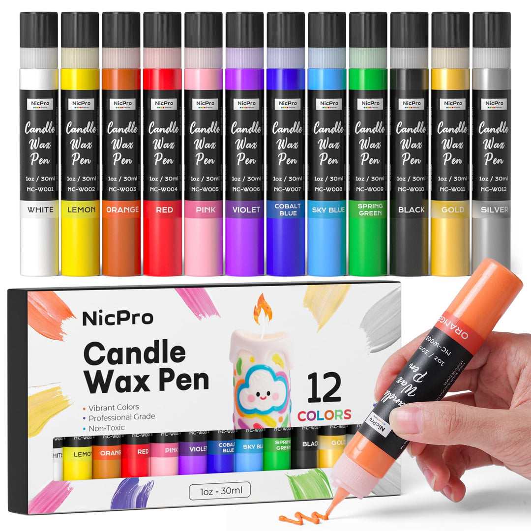 Nicpro Kerzenstifte 12 Farben X 30 ml, Wachsstifte für Kerzen, 3D Kerzenwachs Stift Inklusive Glitze