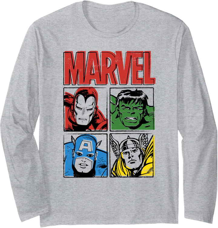 Marvel Vintage Squares Iron Man, Hulk, Captain America, Thor Langarmshirt