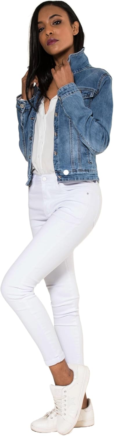 Nina Carter S338 Damen Jeansjacke Übergangsjacke Leichte Waschungseffekt Jacke Blau Denim Casual S H