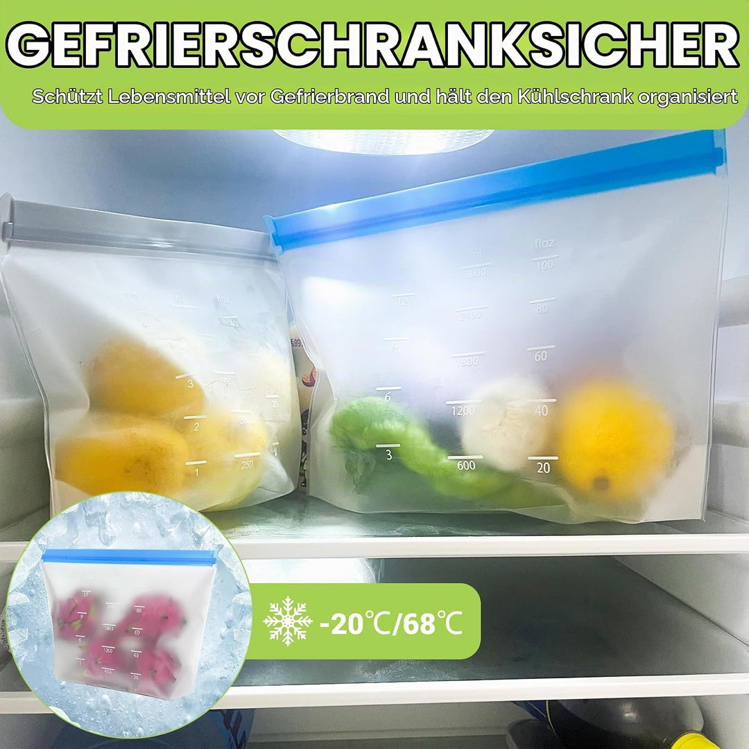 8 Stück Gefrierbeutel Wiederverwendbar 3,2L Silikonbeutel Standboden für Lebensmittel Silikonbeutel